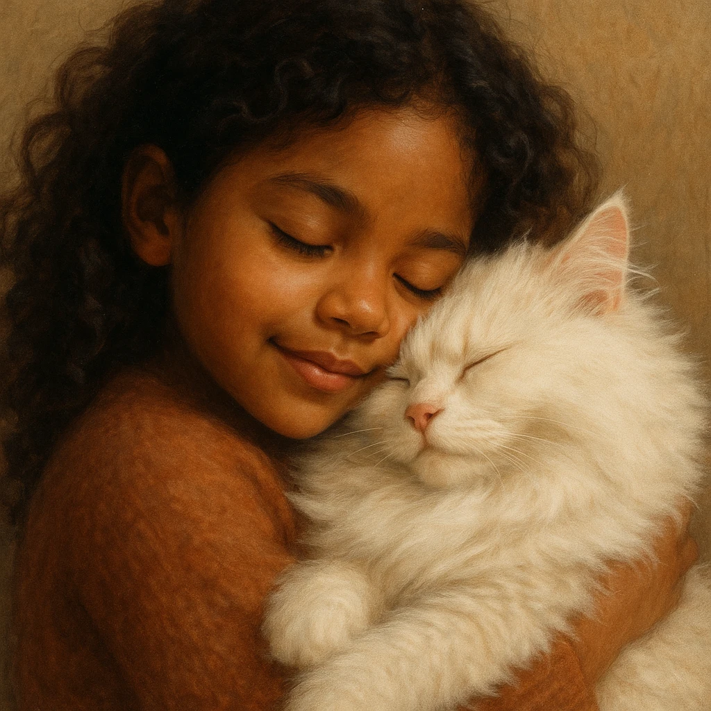 brown girl snuggling fluffy white cat, style 4 emoji