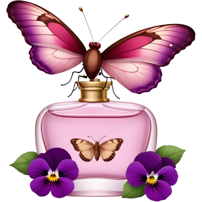 A butterfly with striking Tyrian Purple and Jasper Red wings delicately lands on a Rosewater Pink perfume bottle. Misty Rose pansies bloom softly around, creating a dreamy, romantic scene." emoji