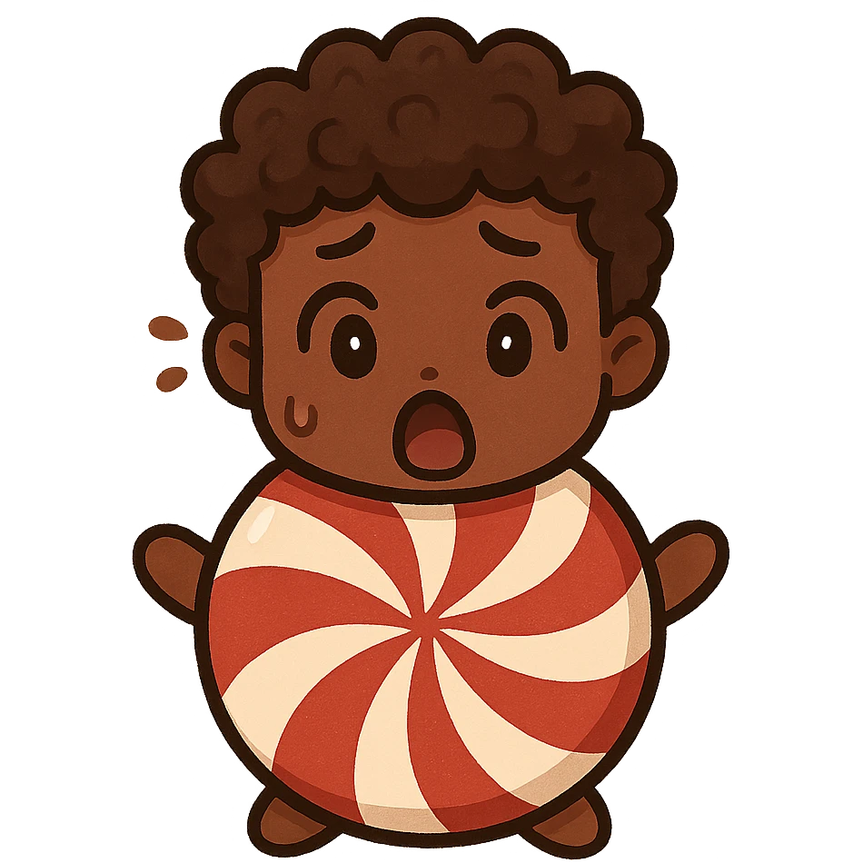 peppermint chibi character, brown male, curly hair, surprised, cartoonish and expressive emoji