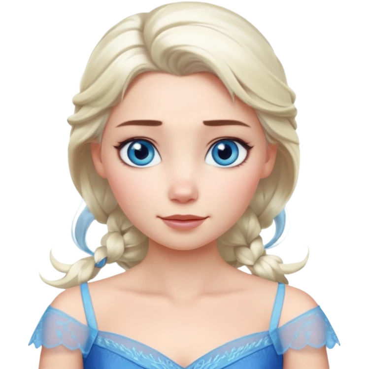 Кинематографический реалистичный портрет Эльзы с реалистичной текстурой кожи, мягким естественным освещением и изящно детализированными платиново-русыми волосами Её  выразительные голубые глаза излучают уверенность, спокойное выражение. Морозная свежесть  emoji