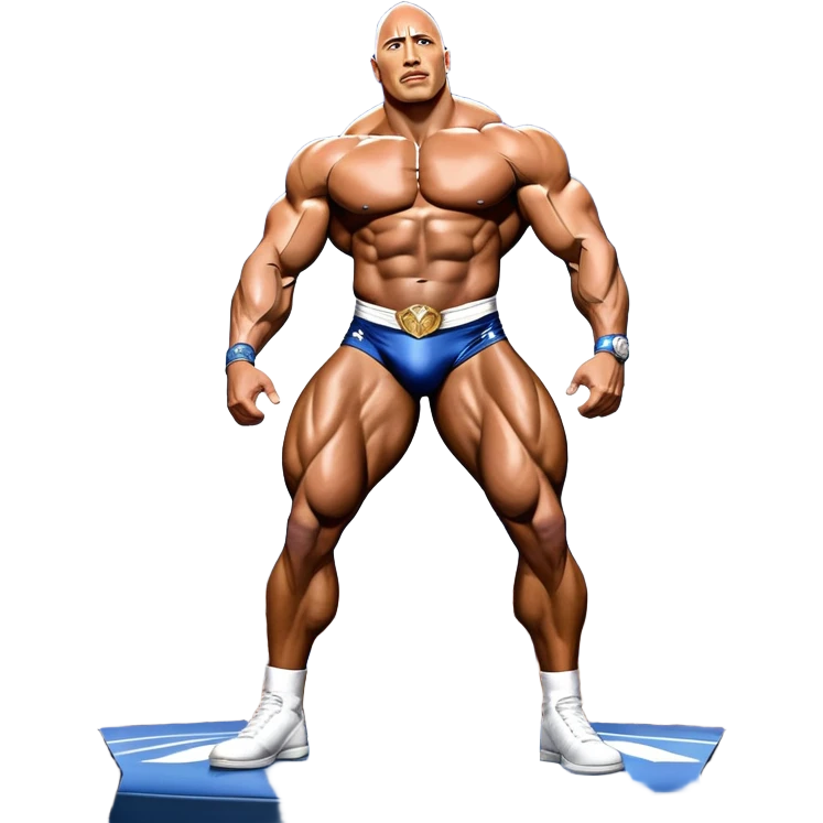 Dwayne 'The Rock' Johnson, covered in oil, striking a powerful pose on stage at the Mr. Universe bodybuilding championship. His muscles are clearly defined, exuding strength and charisma. The backdrop features a professional stage with judges and a cheering audience. Transparent background. emoji