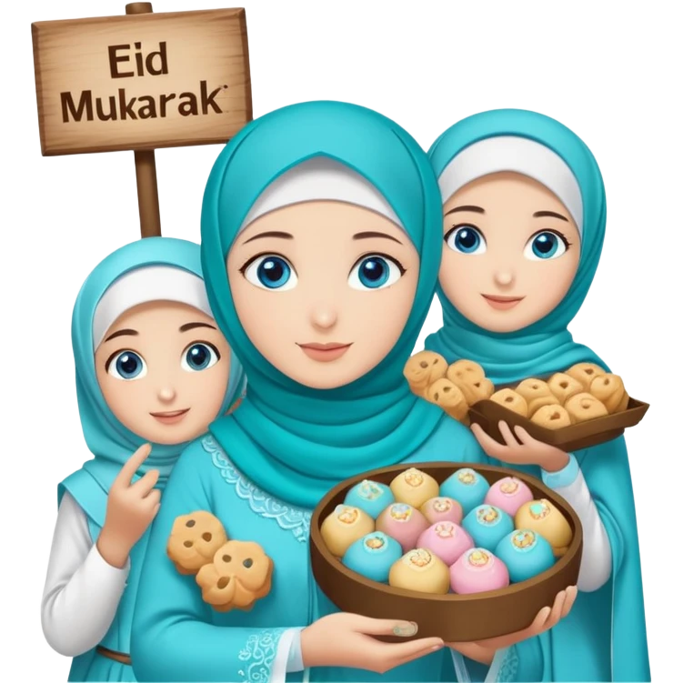 Turkish beautiful finish Konya girl blue eyes with turkis hijab islamic dress and had on her hand text Eid Mubarak with sweets and celebrating with her friends eid days   emoji