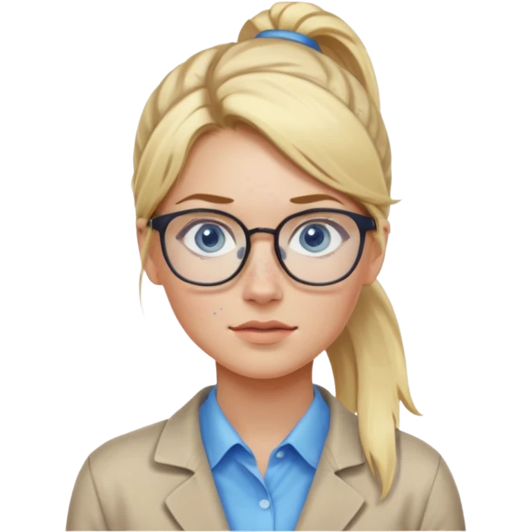 Just a head, blonde hair with lowlights in a ponytail, blue eyes, some freckles, a little older female ready to get some tasks done at work, no body and just one pony high on the back of the head emoji