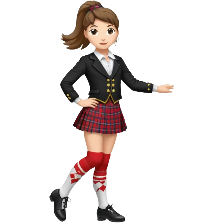 Highland dancing argyle just over the knee socks, blouse, highland dancing jacket, tartan miniskirt and highland dancing shoes emoji
