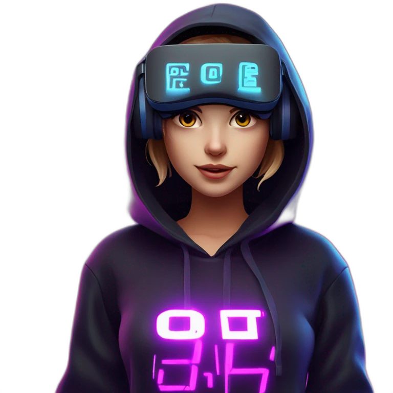 Create a 3D model of a Russian girl wearing a black hoodie with "OMG" letters on it and VR headset in a cyberpunk VR environment with violet neon lighting. emoji