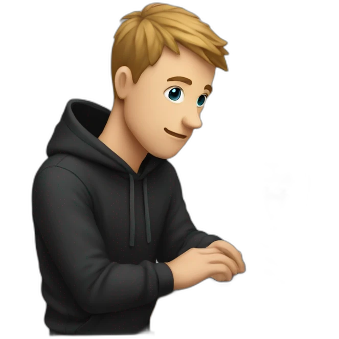 a white man wearing a black hoodie looking at a laptop screen with a blue heart on it emoji