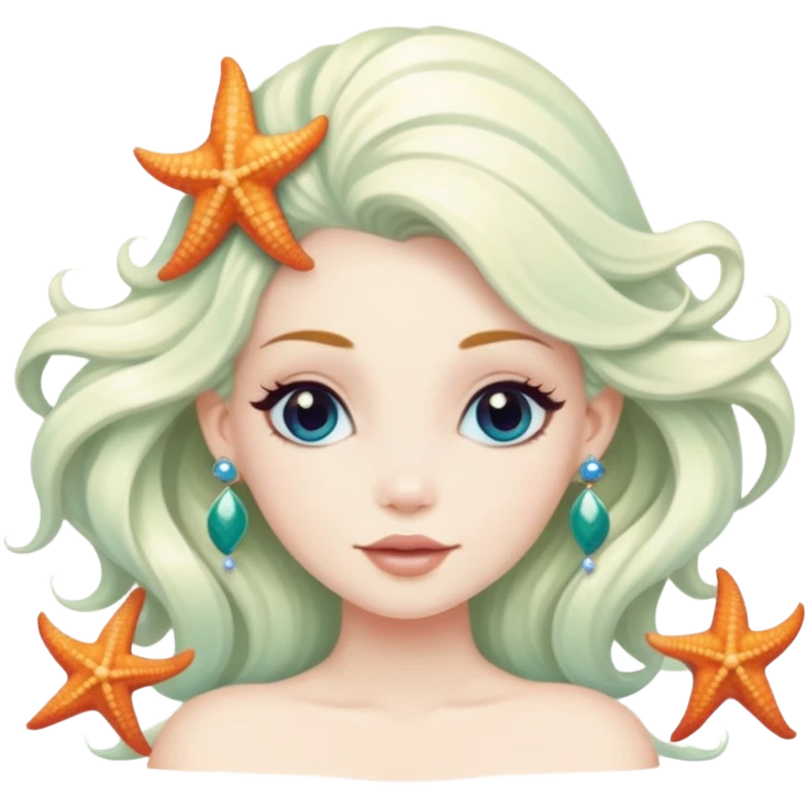 mermaid with seashells in hair, starfish earrings, ocean hair emoji