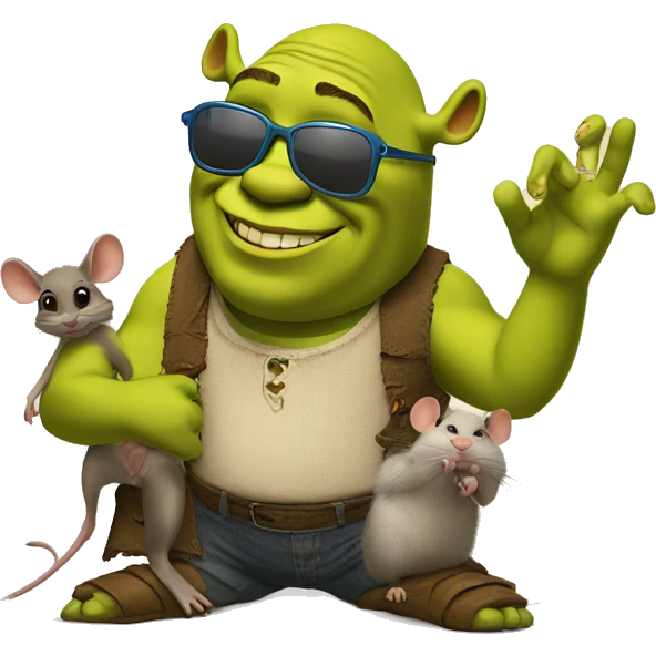 Shrek with sunglasses giving a peace sign hanging with 3 blind mice emoji