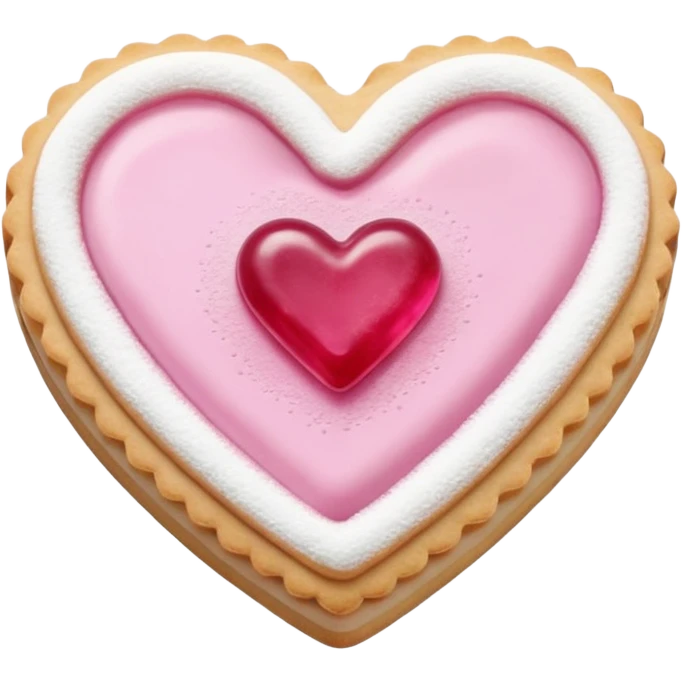 Realistic shortbread cookie in the shape of a heart with pink jelly middle filling and sprinkled powder sugar on top. emoji