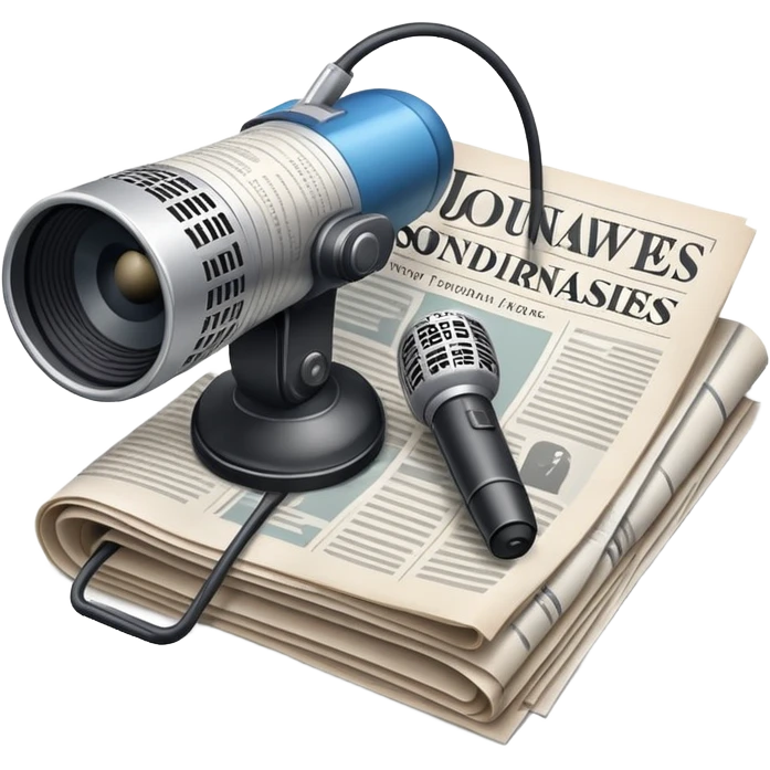 An icon featuring a microphone, a newspaper, and a camera, representing journalism and mass media. The design includes soundwaves and headlines, symbolizing the spread of information and news. Transparent background highlights the power of communication and media. emoji