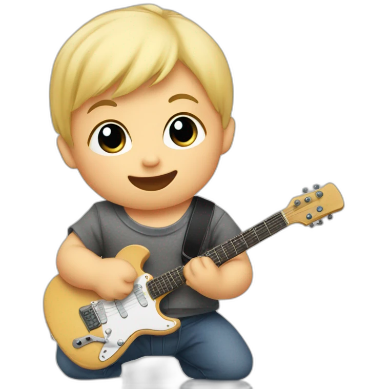 a 1-year-old baby, blond and with little hair, in diapers, playing a mini guitar emoji