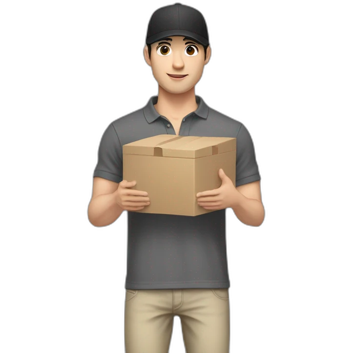 Pale skinned fit Man with black hair in a dark gray cap, gray jeans and beige polo T-shirt keeping a pasted box into his hands emoji
