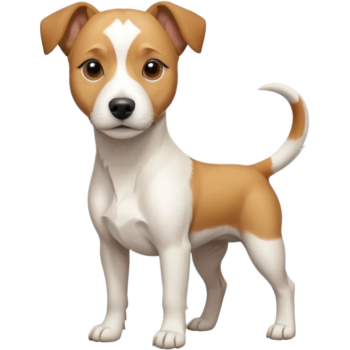 a full body facing front on of a buff white beagle cross jack russell terrier looking dog the size of a kelpie with light brown long ears resting on its face and a light brown patch above one eye and a large snout. the rest of the dog is completely white.  emoji