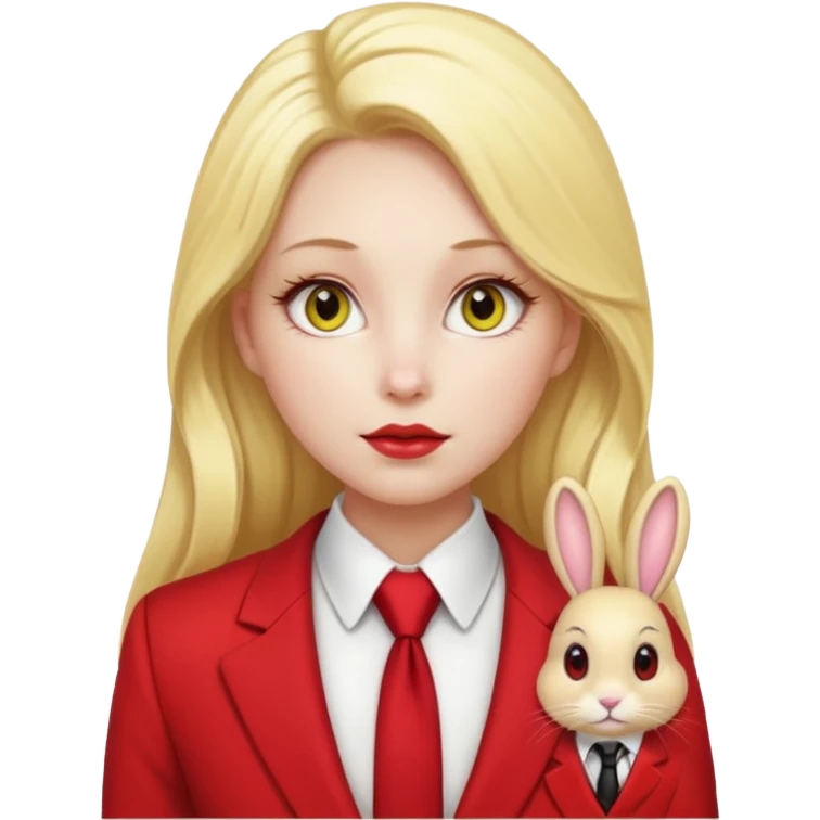 Woman with porcelain white skin, thick blonde hair that's in a thick, long ponytail, has the nose of a bunny, yellow scleras, red pupils, and a red suit with a black tie. emoji