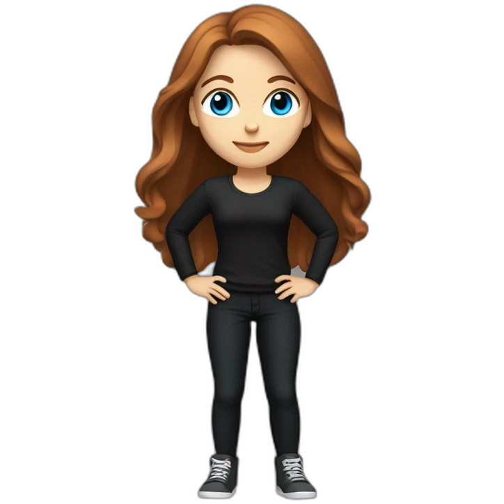 female, long chestnut hair, blue eyes, 5' 2" tall, weighs 130 pounds, wearing all black clothes emoji