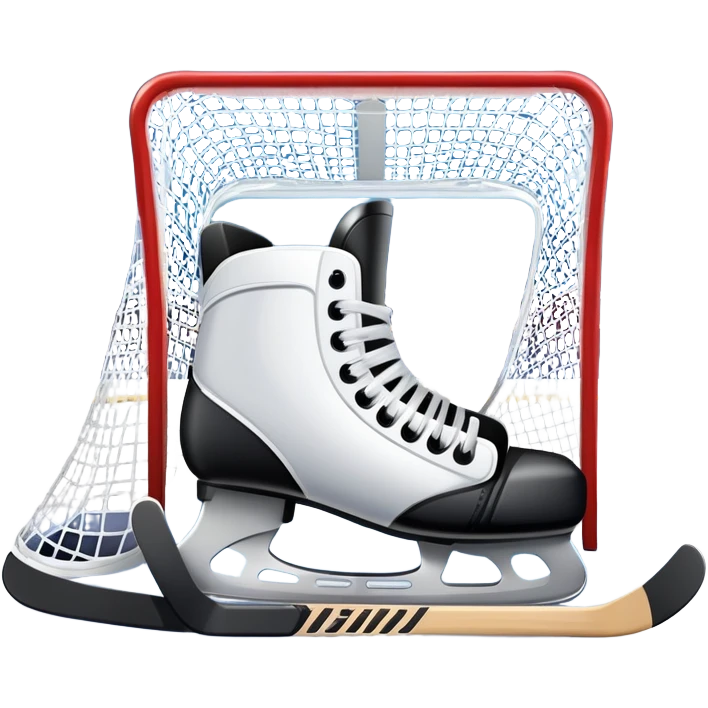 An icon showing a close-up of a hockey stick, puck, skates, and hockey net placed on the ice. The background features a packed stadium with bright lights, cheering fans, and snowy scenery outside. Transparent background highlights the key elements of the game. emoji