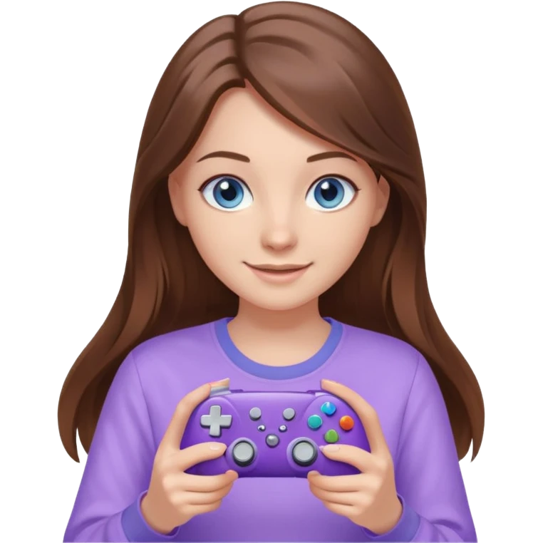 beautiful girl with long brown hair, blue eyes and wearing light purple clothes playing computer games emoji