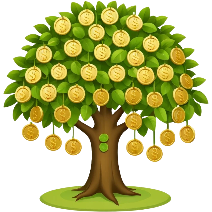 Apple-style money tree (not so mush coins), round soft green canopy.
No pot, no ground — only the tree.
Small gold coins as fruits inside the leaves (not below).
Flat 2D vector, clean shapes, no gradients.
Dark near-black background, premium fintech icon. emoji
