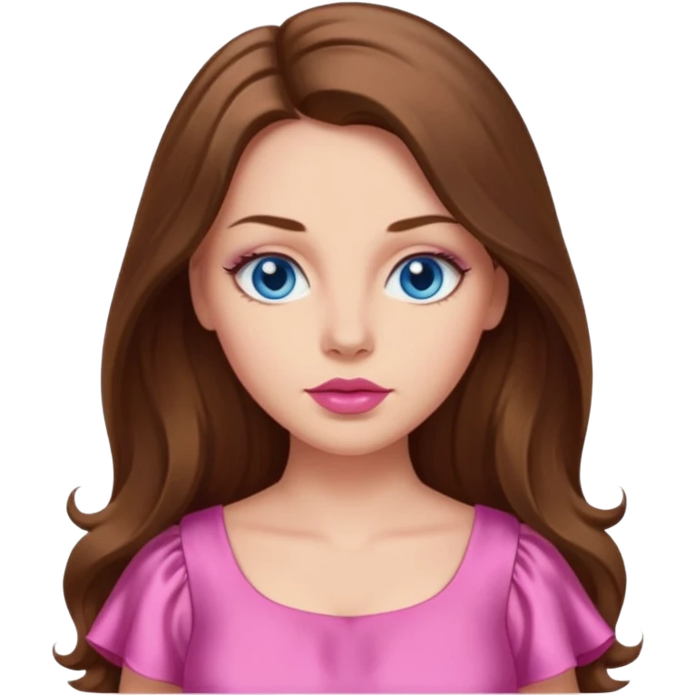 A woman has beige skin, long brown hair, blue eyes, plumb lips, she wears pink dress  emoji