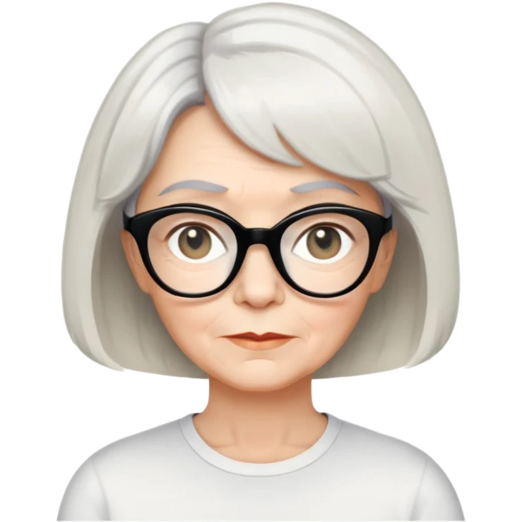 white older woman about 60 with light warm skin, short black bob haircut with slight waves at ends, neutral expression, large black shiny butterfly or cat-eye glasses, white casual t-shirt, calm and creative energy emoji