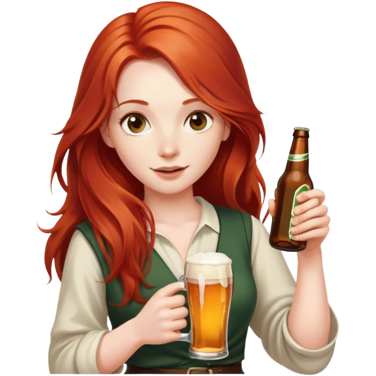 Character with flowing long red hair and a beer bottle emoji