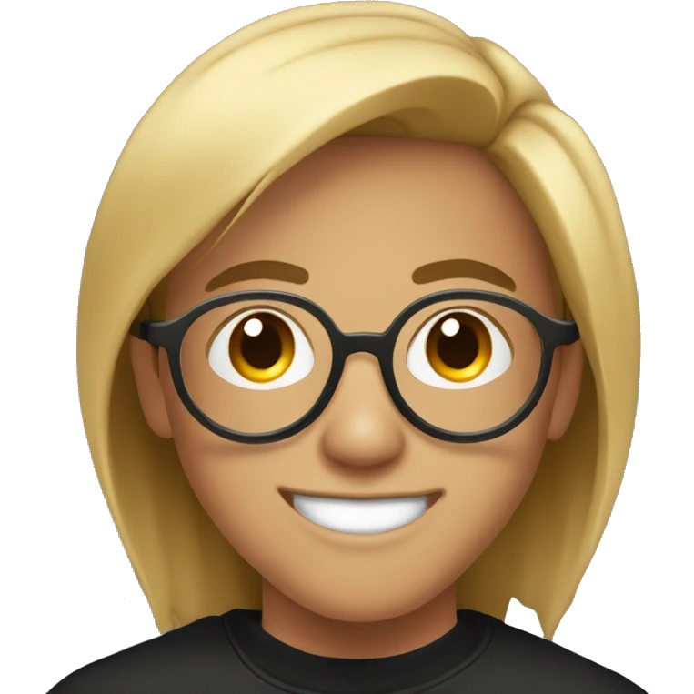 20-year-old boy with black sweatshirt, circular glasses, smiling and straight hair emoji