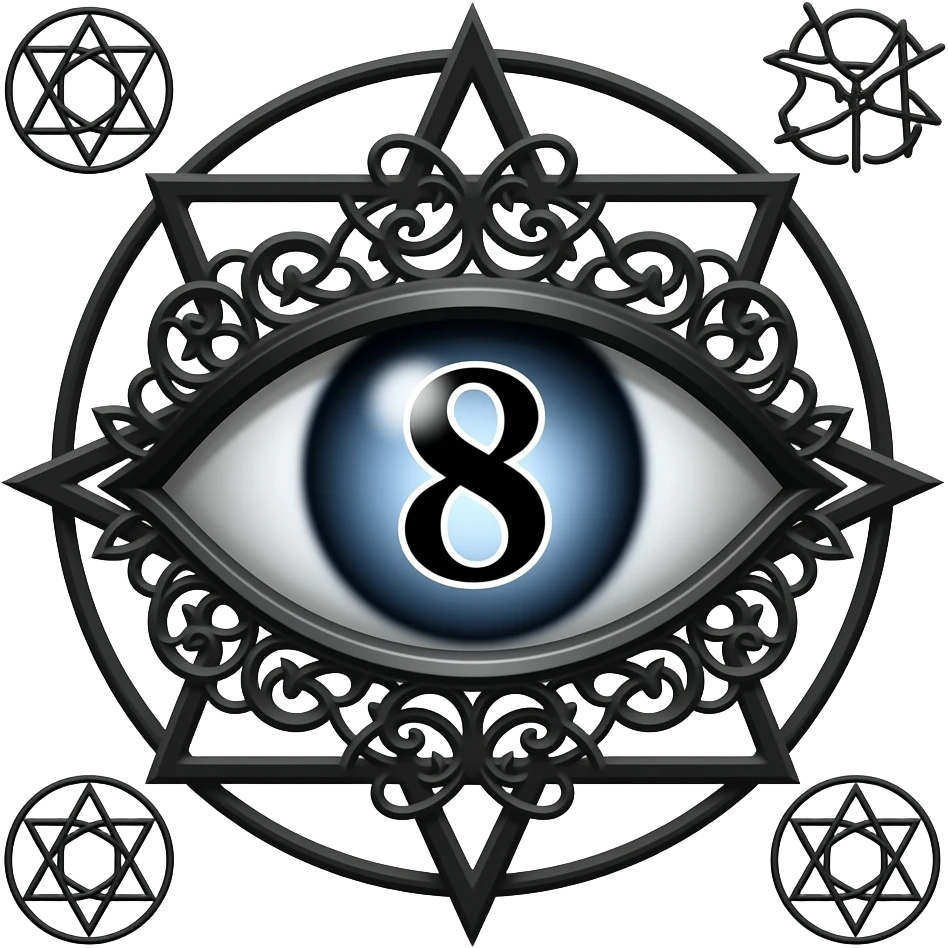 gothic futuristic eye, black, pupil replaced by a solid black number 8, occult emoji