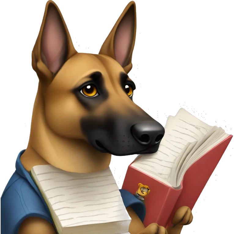malinois prends des notes avec un livre emoji