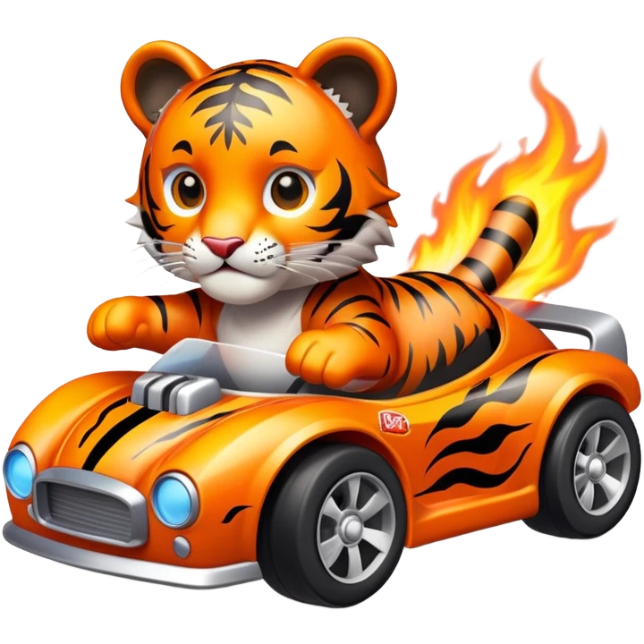 cute tiger holding toy hot wheel car on fire emoji