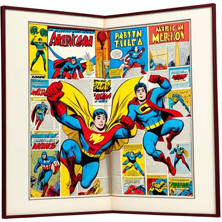 Create a detailed and vintage-inspired emoji representing comic books and graphic novels as a storytelling art form. The design should feature a large, open comic book with pages filled with classic American comic book panels. Include bold, dynamic lines and vibrant colors typical of vintage comics. A pencil (without a hand) should be writing text on the page, symbolizing the creation of the story. The overall design should evoke the classic feel of old-school comic books while incorporating the process of creating a graphic novel. Use rich, bold colors like red, yellow, and blue, and make the background transparent emoji