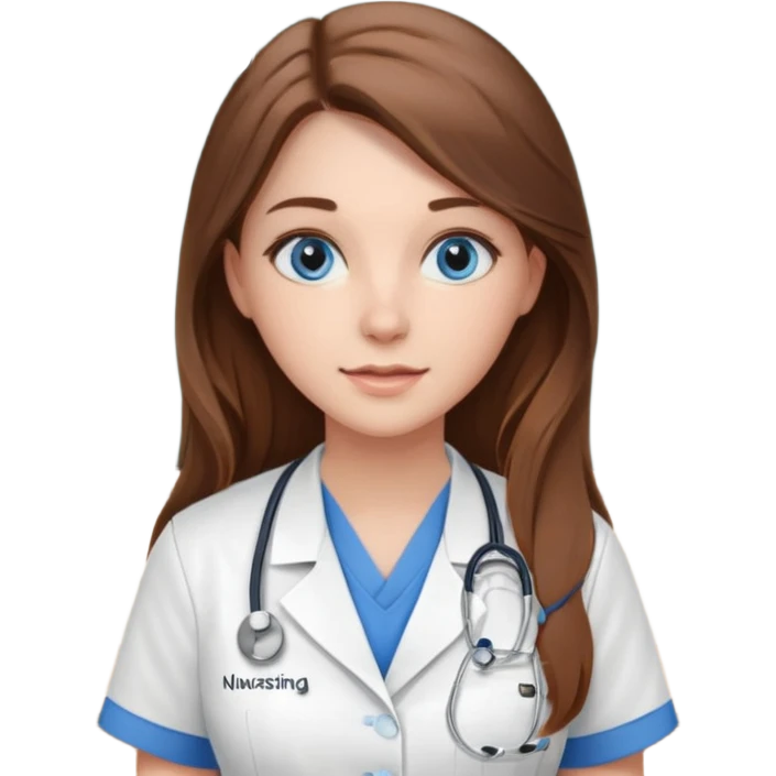 inside a classroom at university that says nursing school on the board with a pretty female nursing student with long brown hair, blue eyes emoji