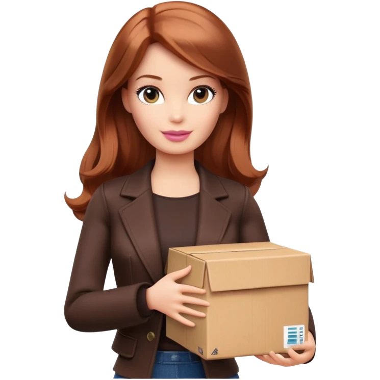Barbie, shoulder-length reddish-brown hair, holds a package box, Barbie is wearing dark brown colored clothes emoji