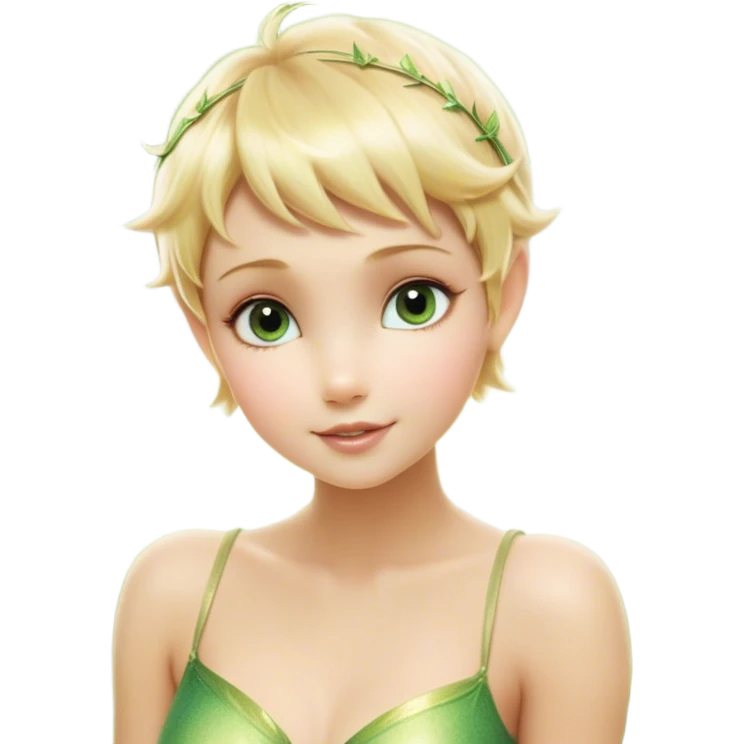 Cinematic Realistic Blonde Tinker Bell Fairy Portrait, depicted with lifelike, delicate skin glowing with a subtle radiant aura, soft natural lighting accentuating her gentle features, and intricately detailed golden blonde hair styled in a whimsical pixie cut. Her iridescent, translucent wings shimmer with delicate fairy dust, and her expressive, sparkling eyes reflect a world of magic. Adorned in a subtle blend of woodland greens and soft pastel accents, the portrait exudes an enchanting glow that seamlessly merges realism with fairy charm. emoji