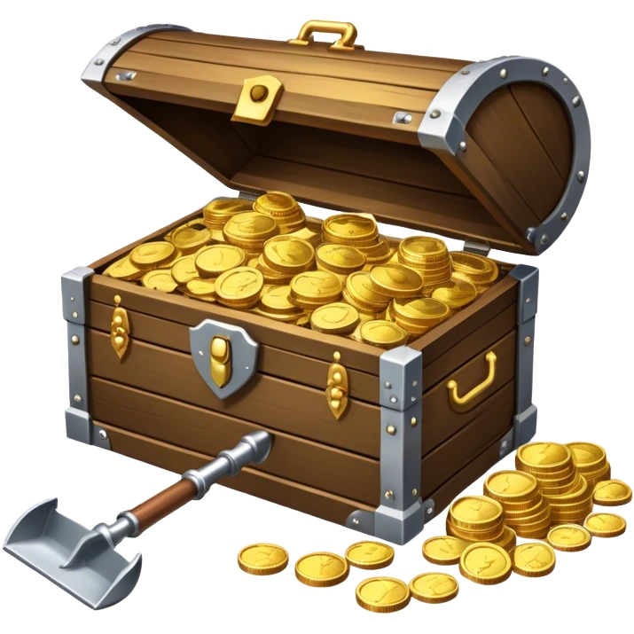 An icon featuring a treasure chest partially open, revealing gold coins and jewels. A metal detector and a shovel are nearby, symbolizing the excitement of treasure hunting. The design evokes adventure, exploration, and the thrill of discovering hidden treasures. transparent background. emoji