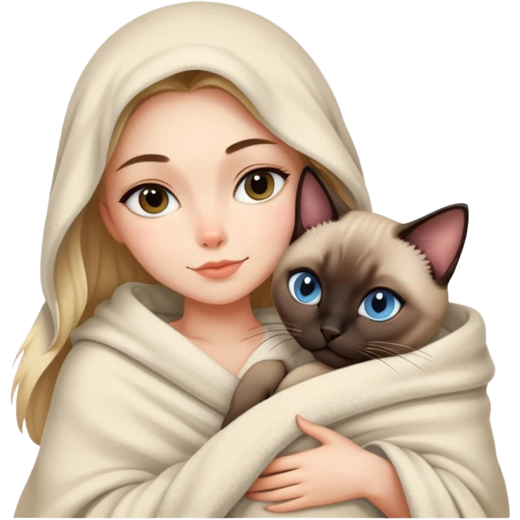 A beautiful and sexy Caucasian girl wrapped in a blanket hugging a Siamese cat emoji