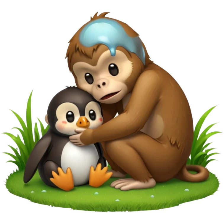 A monkey melting and crying while having a penguin on its head and both of them are touching grass emoji