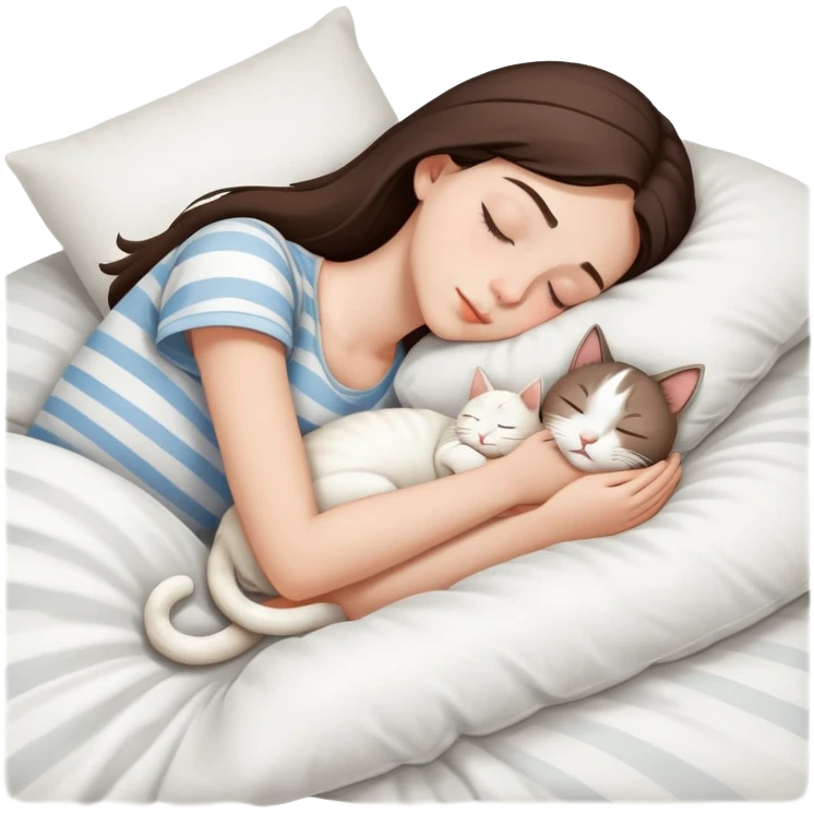 side view brunette teenage girl sleeping with white cat that has beige stripes on a white pillow with white sheets emoji