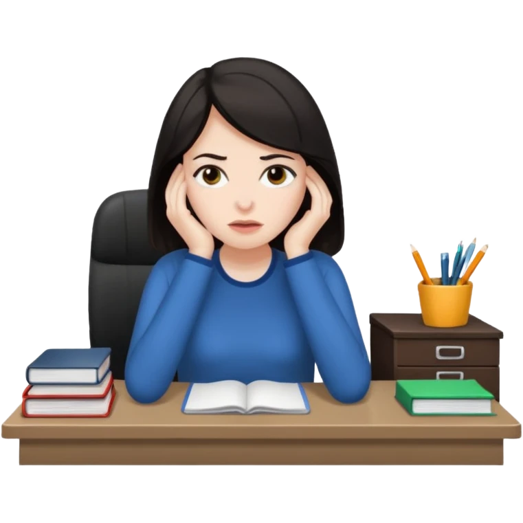  iOS emoji style - An overwhelmed woman sitting at a desk. She has dark hair. emoji