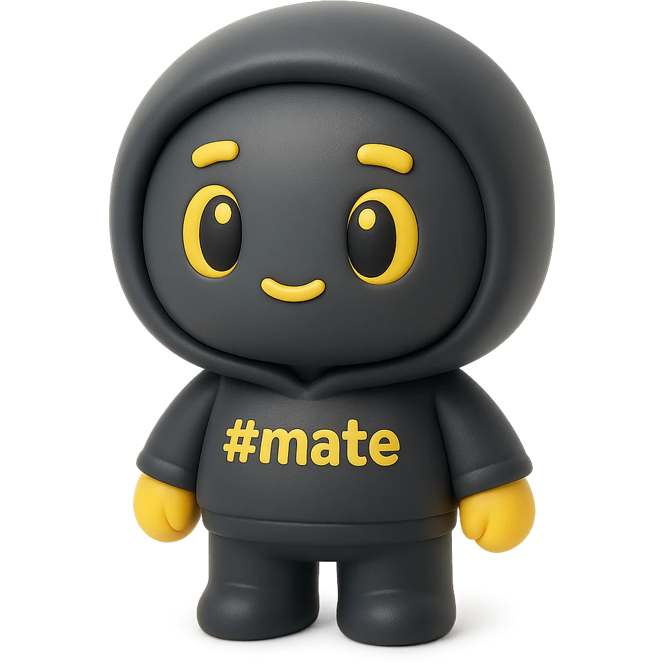 3D kawaii chibi character resembling a vinyl or clay figurine, matte texture, soft lighting with smooth shadows, volumetric surfaces. Large head, short limbs. Hoodie and body are matte dark gray or black, face slightly lighter dark gray or anthracite. Hands are yellow. Eyes are oval, expressive, with yellow outline, colored base, black pupil with highlight. Eyebrows and mouth are yellow. On the costume, the text '#mate' with the # in yellow. White or milky-white background, no extra decorations. emoji