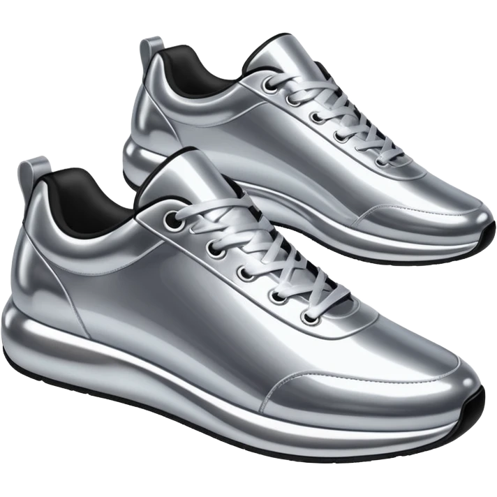 A pair of futuristic sneakers emoji made of silver chrome, sleek streetwear design, smooth metallic panels, subtle reflections, luxury swag aesthetic, iOS emoji style, centered, clean white background emoji