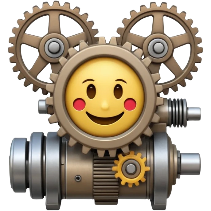 Industrial mechanical motor with a smiley face, emoji for the new electric music genre Motor breaks must be friendly and sellable must be small but clear child friendly, ready to use as a logo, motor synth make sure it's not Cold the Face must look like it's part of the machine emoji