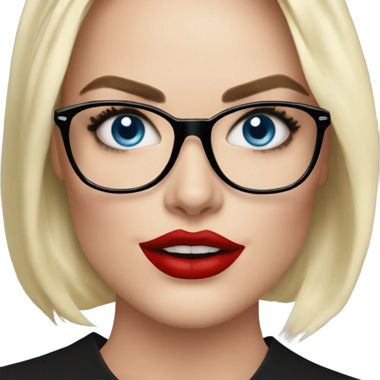 margot robbie, blue eyes, wearing black glasses and red lips  emoji