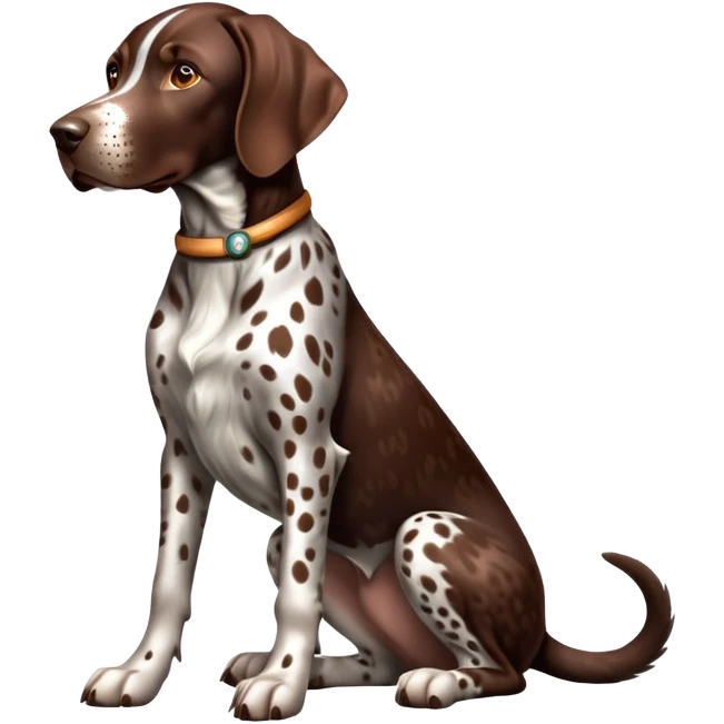 cinematic-[spotted german pointer]-realistic-full-body-sitting-emoji,-tail-resting-loosely-beside-its-paws,-head-tilted-dramatically,-sleek-[brown spotted]-fur,-simplified-yet-realistic-focused-features,-highly-detailed,-glowing-with-an-almost-sarcastic-glow emoji