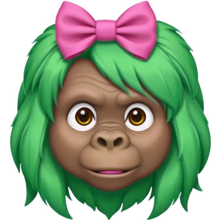 green haired gorilla head with pink hair bow, no text, facing slightly left emoji