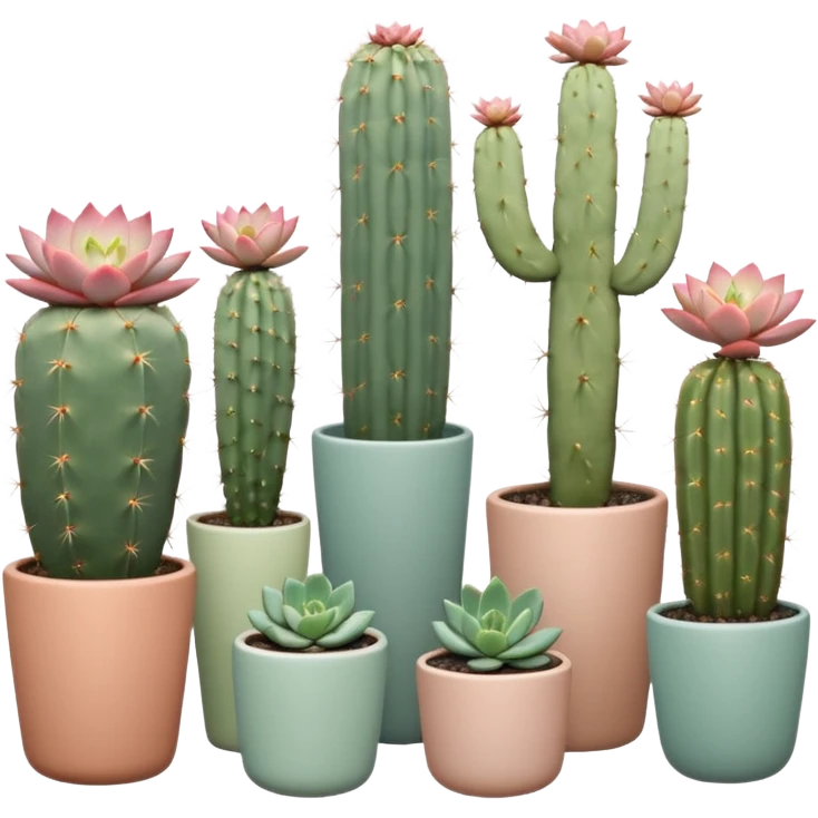 Ceramic pots in pastel colors, tall and short, cylindrical, square, and bowl-shaped, containing cereus cactus plants, hanging cacti, flowering cacti, echeveria succulents, sedum succulents, and graptopetalum succulents placed in a row on the floor emoji