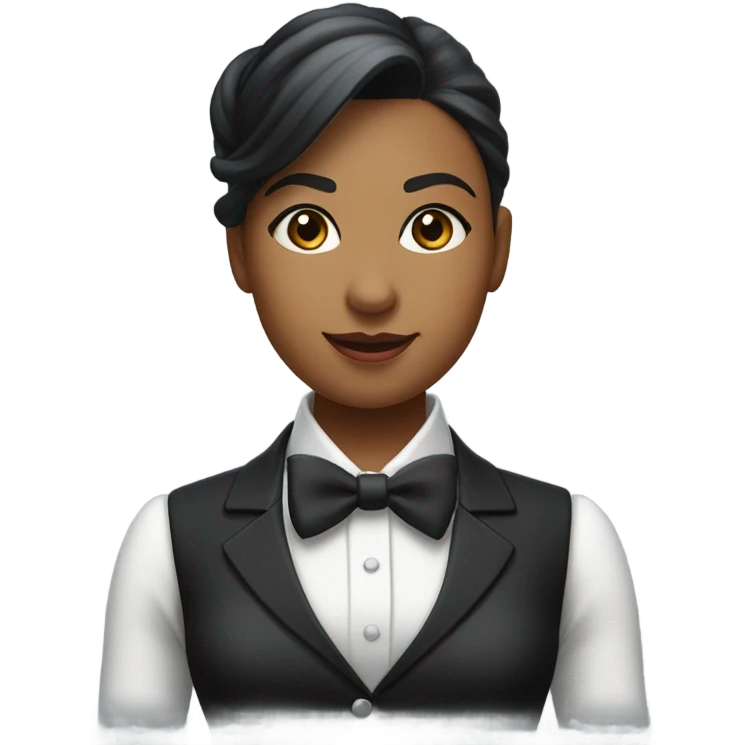 a female butler with a professional and elegant demeanor. She has her hair neatly tied in a ponytail and wears a classic butler uniform, including a tailored vest, crisp white shirt, and bow tie. emoji
