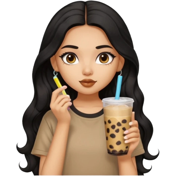 a pretty FAIR indian bratz girl with wavy long black hair, wearing an oversized brown tshirt, drinking boba, eyeliner on emoji