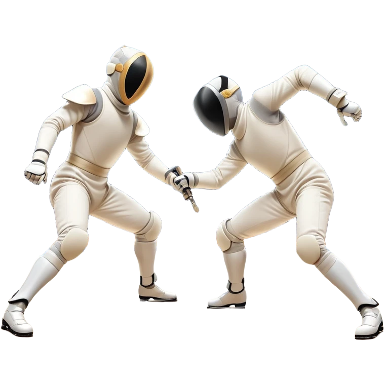 Two fencers in full protective gear and masks duel on a professional piste, swords clashing mid-air. Dynamic lunges and defensive stances highlight the intensity of the sport. The background features a stylized fencing arena with bright lights. Transparent background emoji