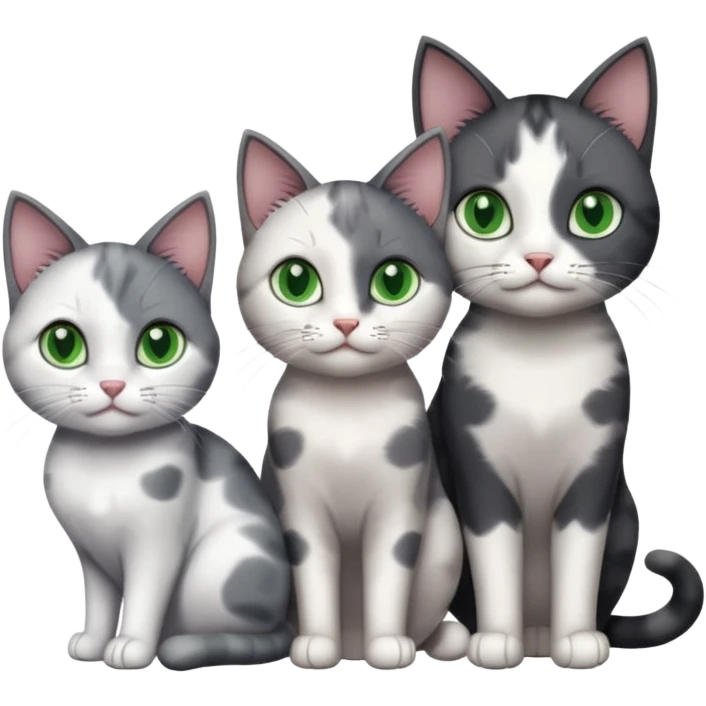 3 different coloured small cats including a dark grey and white, and a patchy calico and a completely solid dark grey with green eyes and only white paws emoji