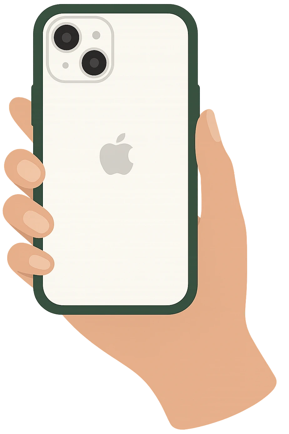 Minimalist design of a pure white iPhone with a dark green case, viewed from the back, held by a female hand with nude manicure, emoji style, no emojis included. emoji